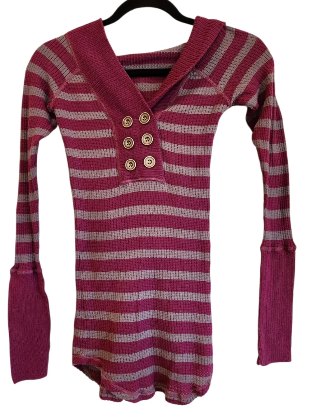 Vintage Free People Magenta/Gray Stripe Hoodie/Henley Size S 90's Bella Swan Y2K